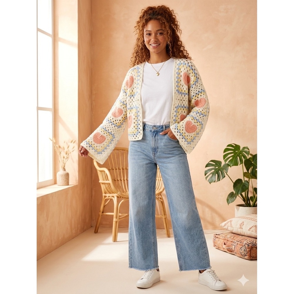 Debut Crochet Heart Granny Square Cardigan Cream Pastel M/L